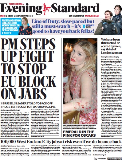 London Evening Standard Newspaper Front Page (UK) for 23 March 2021