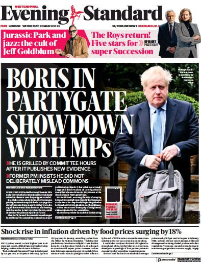London Evening Standard Newspaper Front Page (UK) for 23 March 2023
