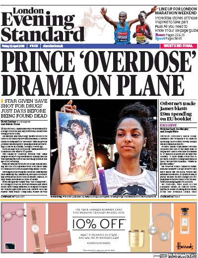 London Evening Standard Newspaper Front Page (UK) for 23 April 2016