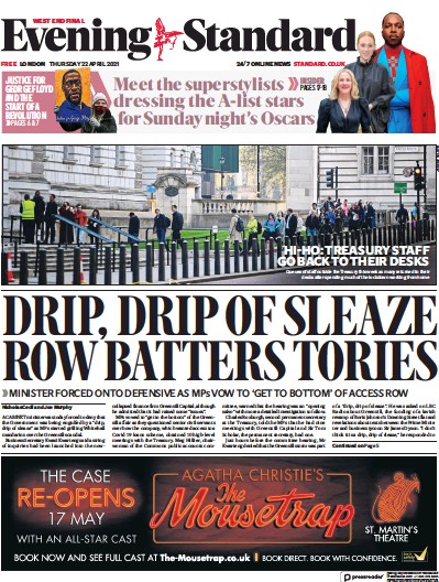 London Evening Standard Newspaper Front Page (UK) for 23 April 2021