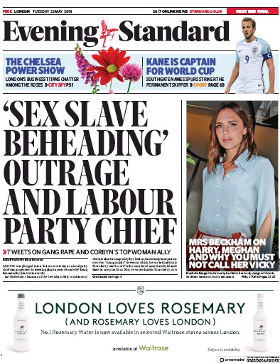 London Evening Standard Newspaper Front Page (UK) for 23 May 2018