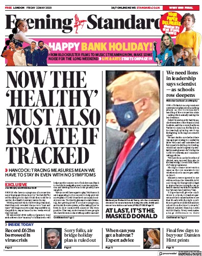 London Evening Standard Newspaper Front Page (UK) for 23 May 2020