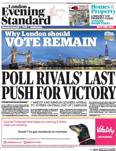 London Evening Standard Newspaper Front Page (UK) for 23 June 2016