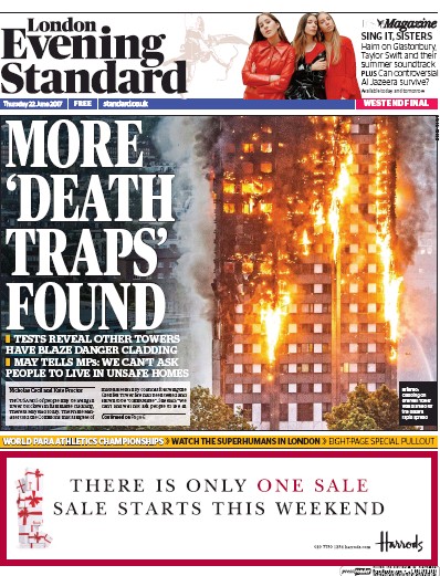 London Evening Standard Newspaper Front Page (UK) for 23 June 2017