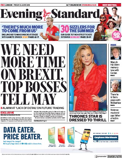London Evening Standard Newspaper Front Page (UK) for 23 June 2018