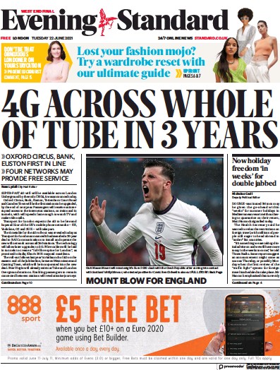 London Evening Standard Newspaper Front Page (UK) for 23 June 2021