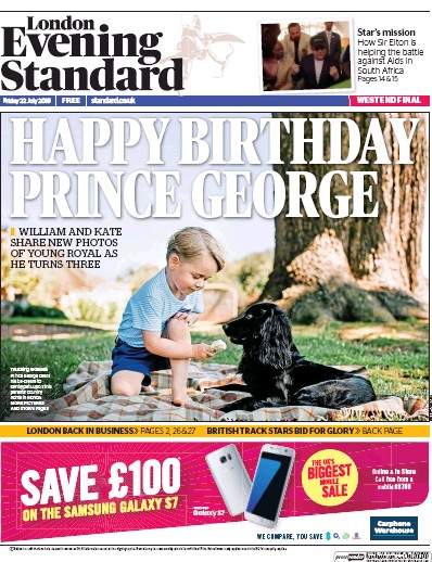 London Evening Standard Newspaper Front Page (UK) for 23 July 2016
