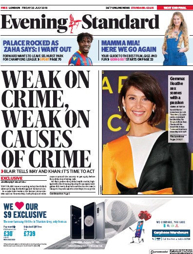 London Evening Standard Newspaper Front Page (UK) for 23 July 2018