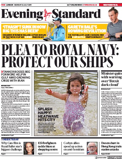 London Evening Standard Newspaper Front Page (UK) for 23 July 2019