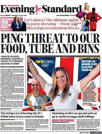London Evening Standard Newspaper Front Page (UK) for 23 July 2021