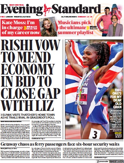 London Evening Standard Newspaper Front Page (UK) for 23 July 2022