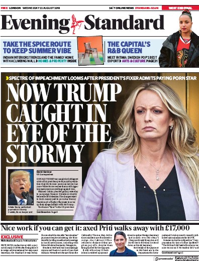 London Evening Standard Newspaper Front Page (UK) for 23 August 2018