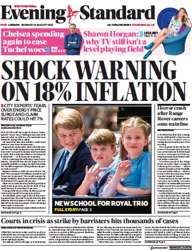 London Evening Standard Newspaper Front Page (UK) for 23 August 2022
