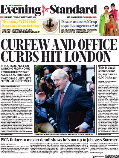 London Evening Standard Newspaper Front Page (UK) for 23 September 2020