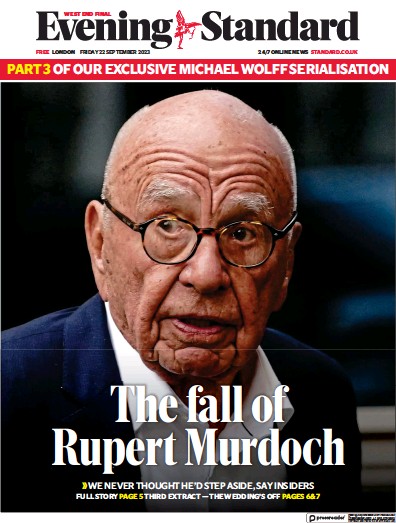 London Evening Standard Newspaper Front Page (UK) for 23 September 2023
