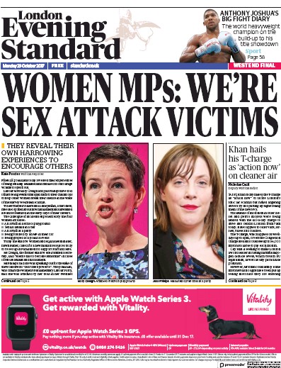 London Evening Standard Newspaper Front Page (UK) for 24 October 2017