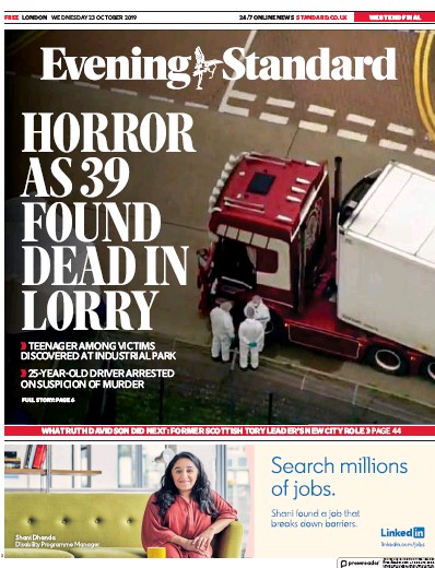 London Evening Standard Newspaper Front Page (UK) for 24 October 2019