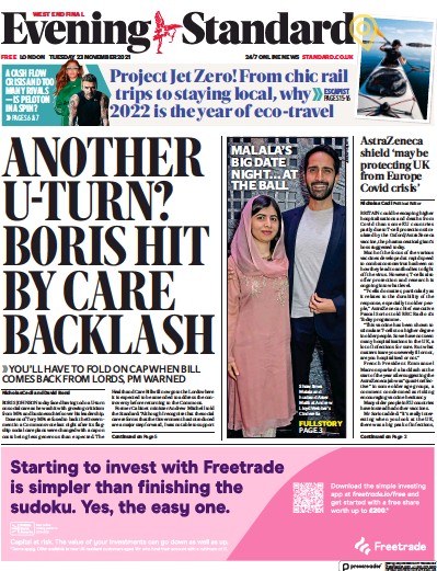 London Evening Standard Newspaper Front Page (UK) for 24 November 2021