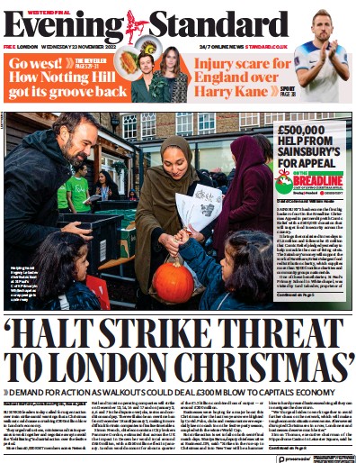 London Evening Standard Newspaper Front Page (UK) for 24 November 2022