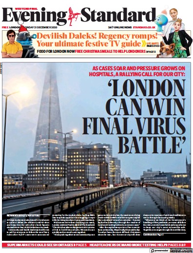 London Evening Standard Newspaper Front Page (UK) for 24 December 2020