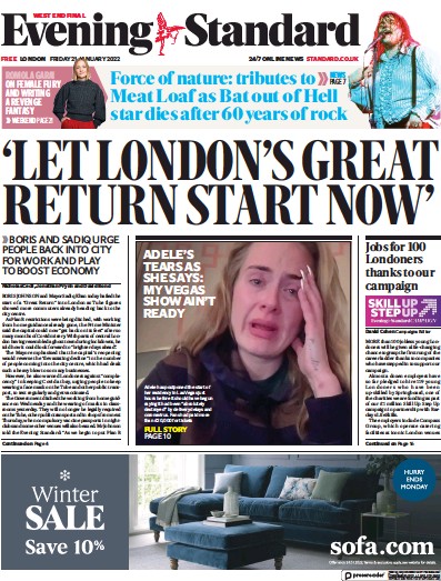 London Evening Standard Newspaper Front Page (UK) for 24 January 2022