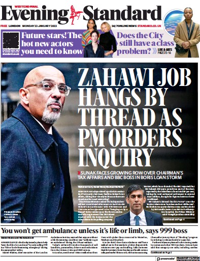 London Evening Standard Newspaper Front Page (UK) for 24 January 2023