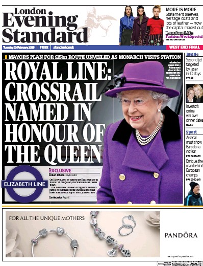 London Evening Standard Newspaper Front Page (UK) for 24 February 2016