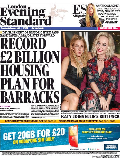 London Evening Standard Newspaper Front Page (UK) for 24 February 2017