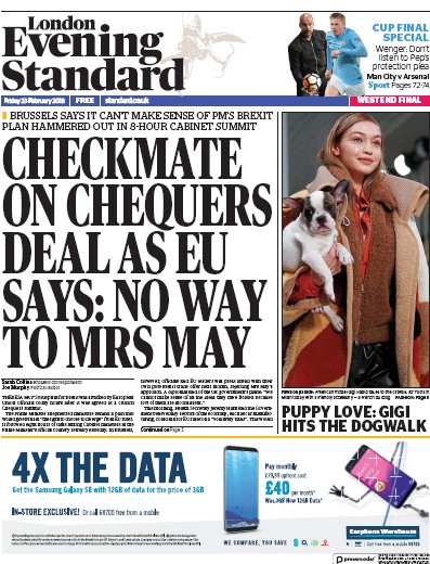 London Evening Standard Newspaper Front Page (UK) for 24 February 2018