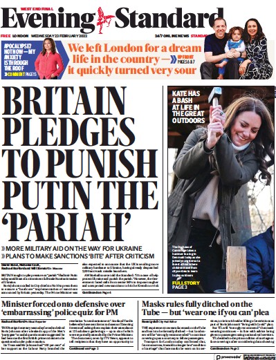 London Evening Standard Newspaper Front Page (UK) for 24 February 2022