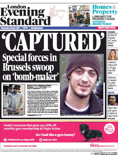 London Evening Standard Newspaper Front Page (UK) for 24 March 2016