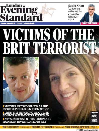 London Evening Standard Newspaper Front Page (UK) for 24 March 2017