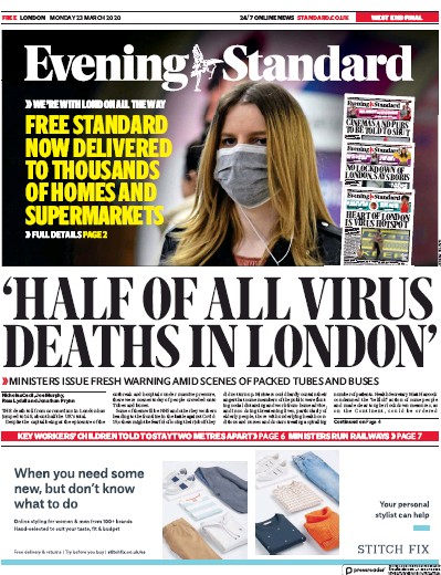 London Evening Standard Newspaper Front Page (UK) for 24 March 2020