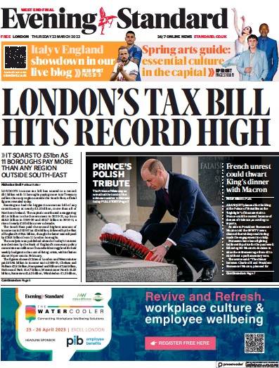 London Evening Standard Newspaper Front Page (UK) for 24 March 2023