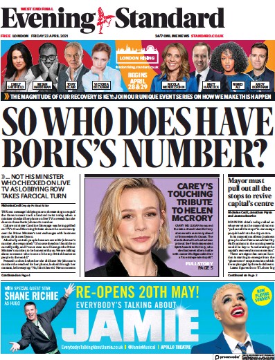 London Evening Standard Newspaper Front Page (UK) for 24 April 2021