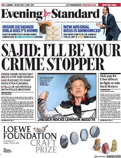 London Evening Standard Newspaper Front Page (UK) for 24 May 2018