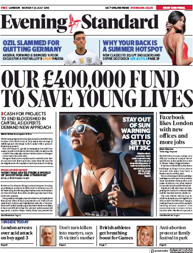 London Evening Standard Newspaper Front Page (UK) for 24 July 2018