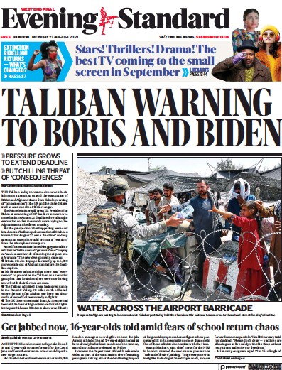 London Evening Standard Newspaper Front Page (UK) for 24 August 2021