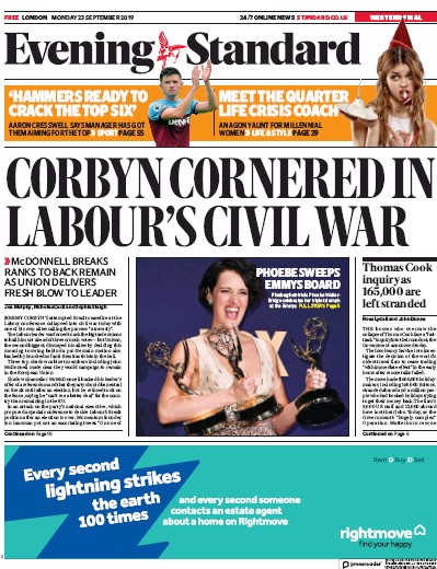 London Evening Standard Newspaper Front Page (UK) for 24 September 2019