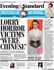 London Evening Standard (UK) Newspaper Front Page for 25 October 2019