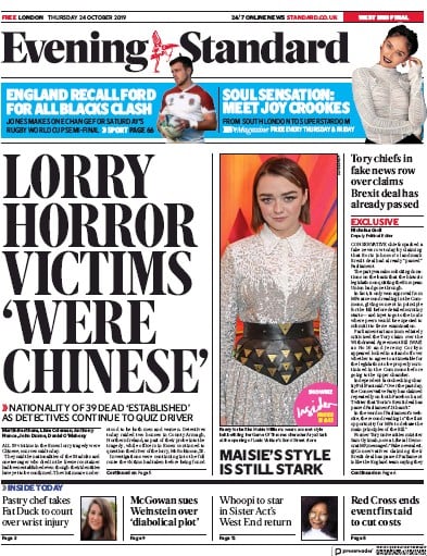 London Evening Standard Newspaper Front Page (UK) for 25 October 2019