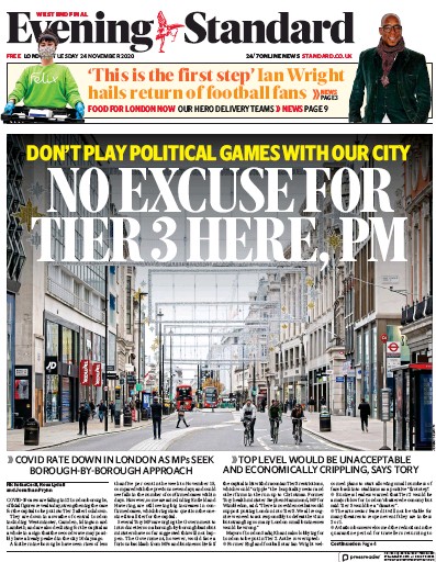 London Evening Standard Newspaper Front Page (UK) for 25 November 2020