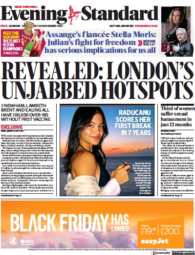 London Evening Standard Newspaper Front Page (UK) for 25 November 2021
