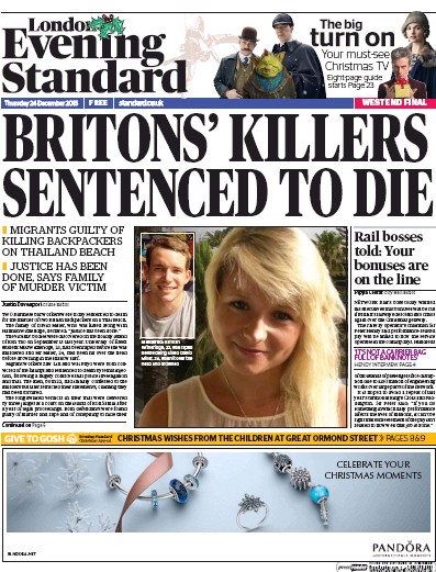 London Evening Standard Newspaper Front Page (UK) for 25 December 2015