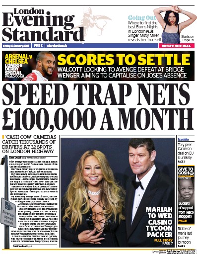 London Evening Standard Newspaper Front Page (UK) for 25 January 2016