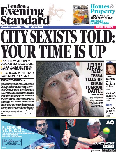 London Evening Standard Newspaper Front Page (UK) for 25 January 2018