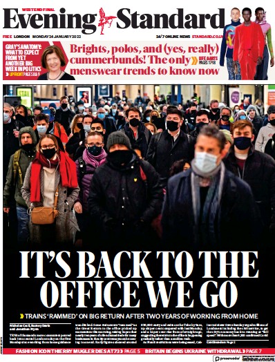 London Evening Standard Newspaper Front Page (UK) for 25 January 2022