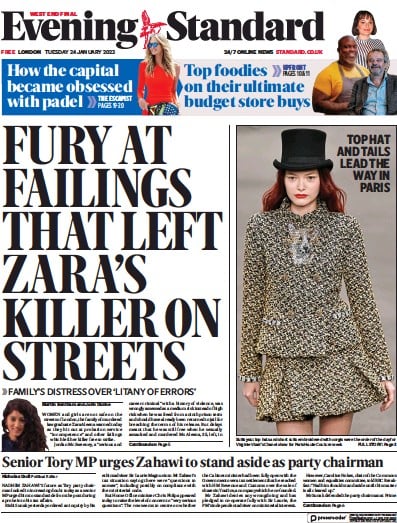 London Evening Standard Newspaper Front Page (UK) for 25 January 2023