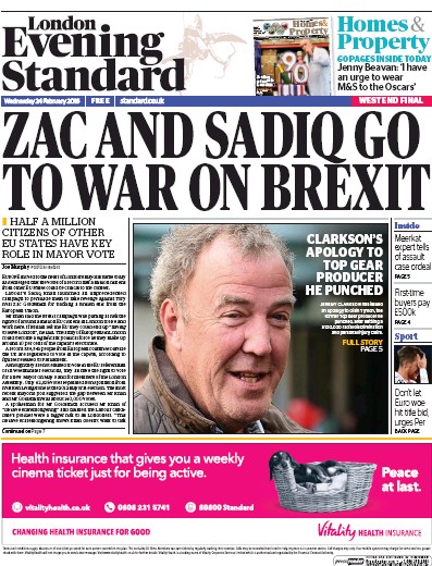 London Evening Standard Newspaper Front Page (UK) for 25 February 2016