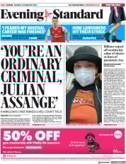 London Evening Standard (UK) Newspaper Front Page for 25 February 2020